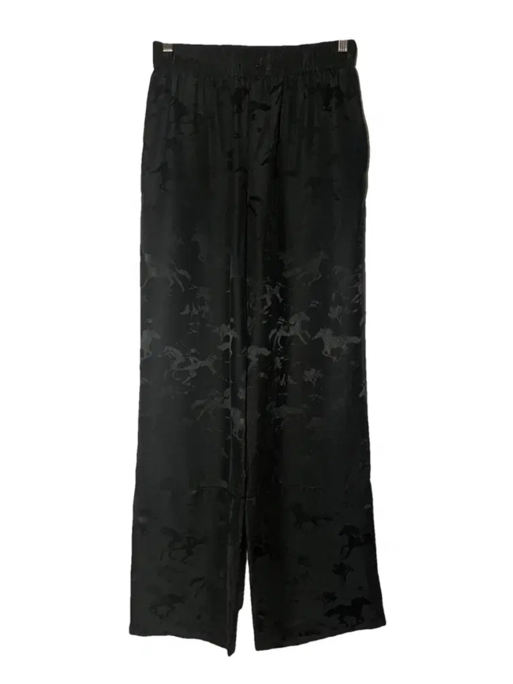 Ganni Black Satin Wide-Leg Pants with Jacquard Horse Print Size Medium 28